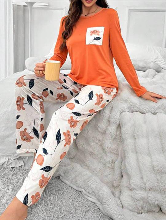 Orange Pocket FlowerPrinted Half Sleeves Shirt and Printed Trouser Night Wear