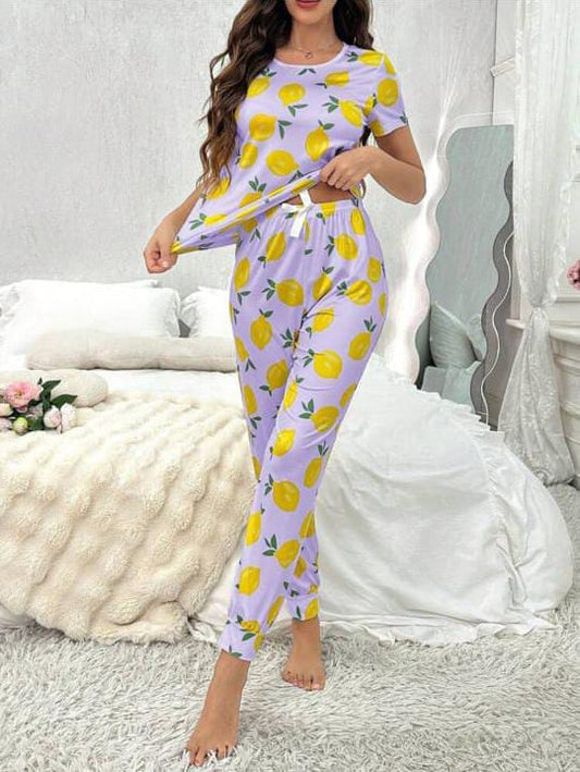 Purple Malta Printed Half Sleeves Shirt and Printed Trouser Night Wear