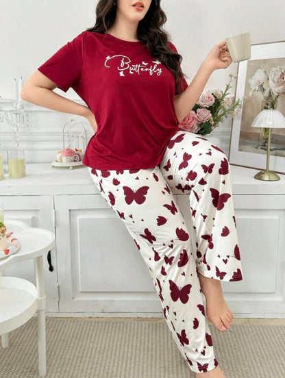 Mehroon Butterfly Printed Half Sleeves Shirt and Printed Trouser Night Wear