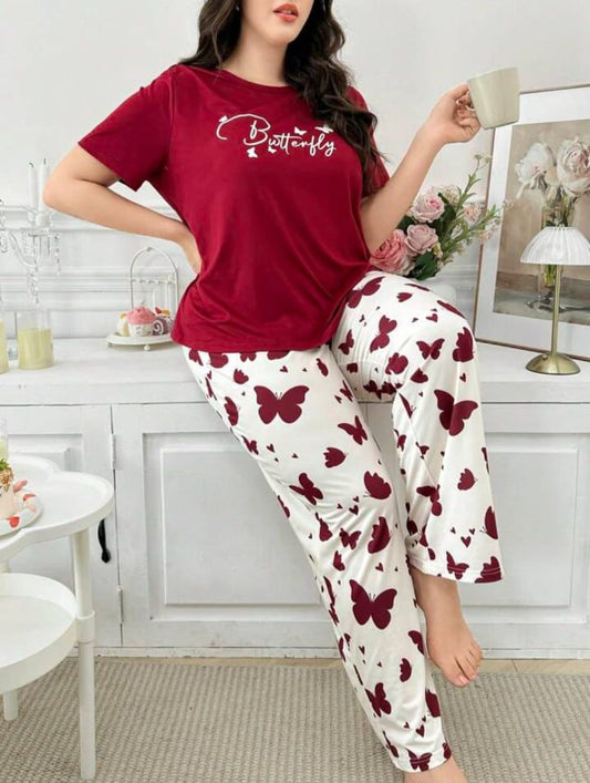 Mehroon Butterfly Printed Half Sleeves Shirt and Printed Trouser Night Wear
