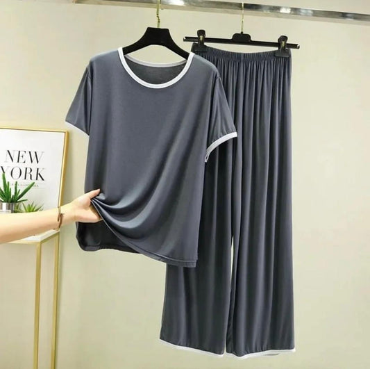 Grey With White Strips Half Sleeves and Grey Trouser Night Wear