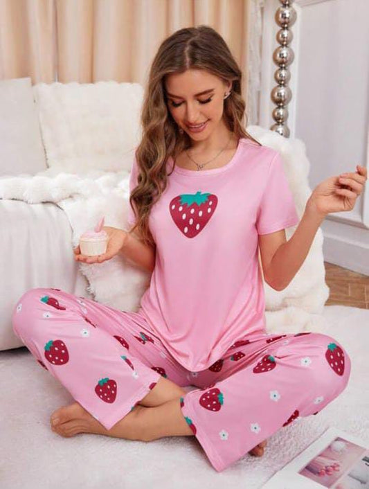 Pink Strawberry Printed Half Sleeves Shirt and Printed Trouser Night Wear