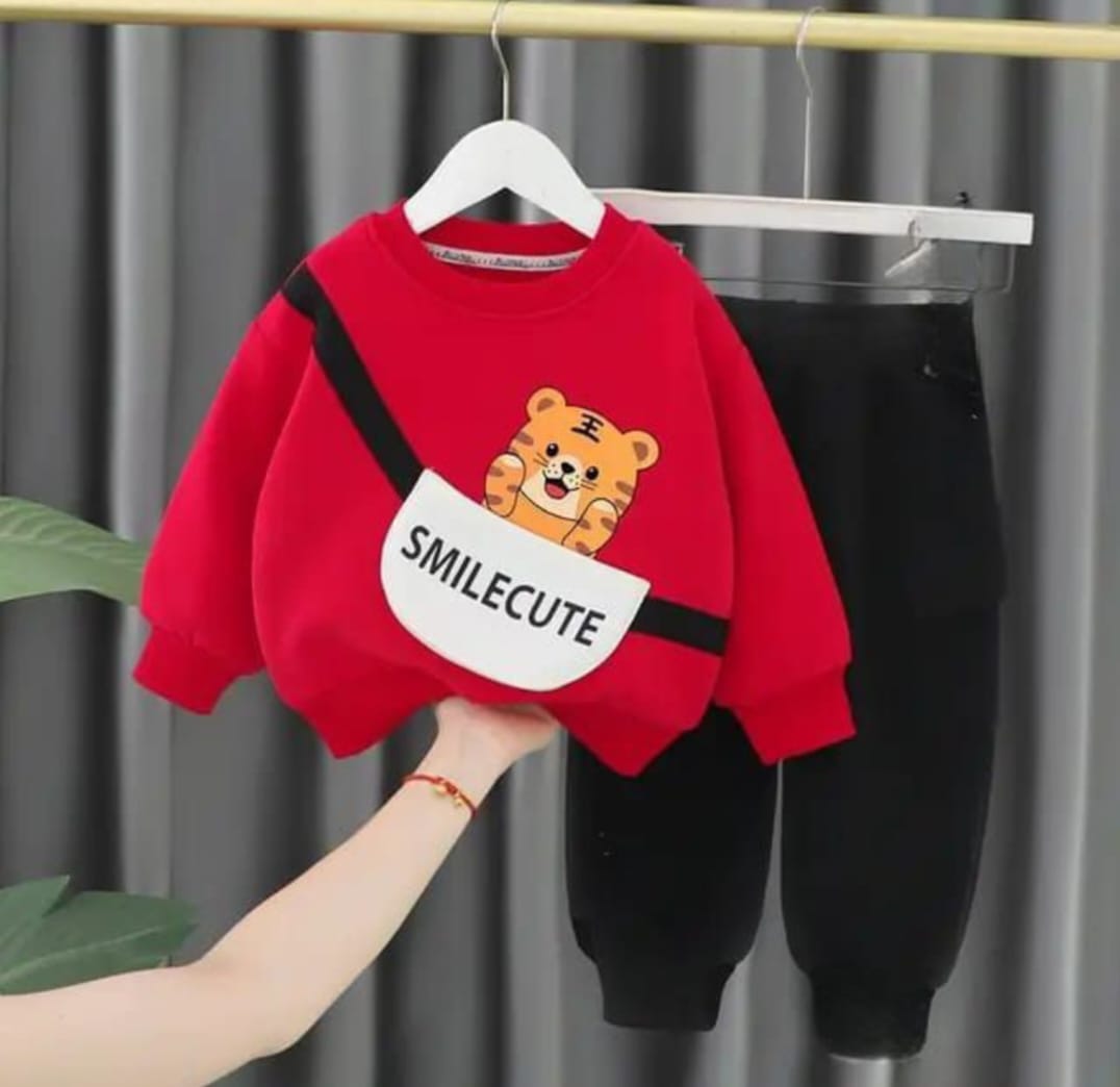 Red Smile Cute Printed Sweatshirt and Black Trouser Kids Track Suit
