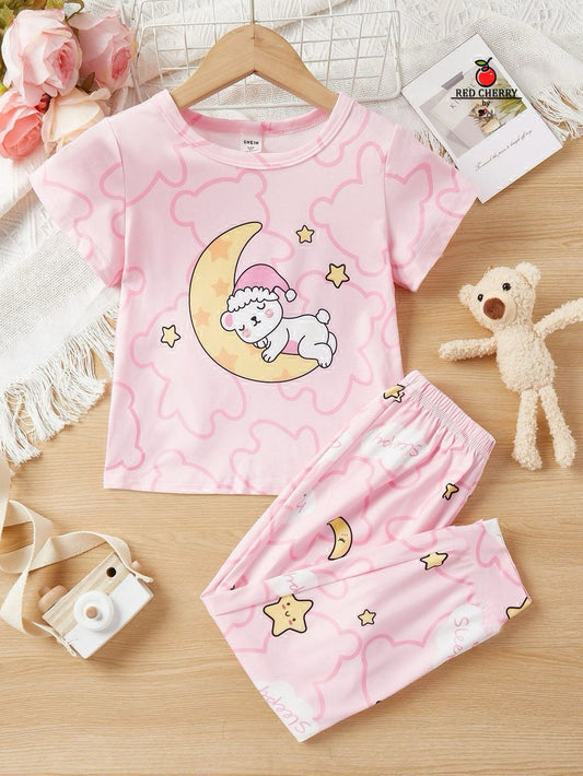 Baby Pink Moon Bear Printed Half Sleeves T-shirt with Moon Star Printed Pajama Kids Suits