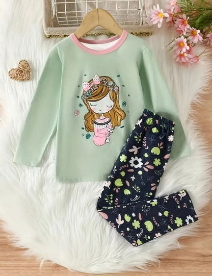 Green Sleepy Princess Printed Kids Night Suit