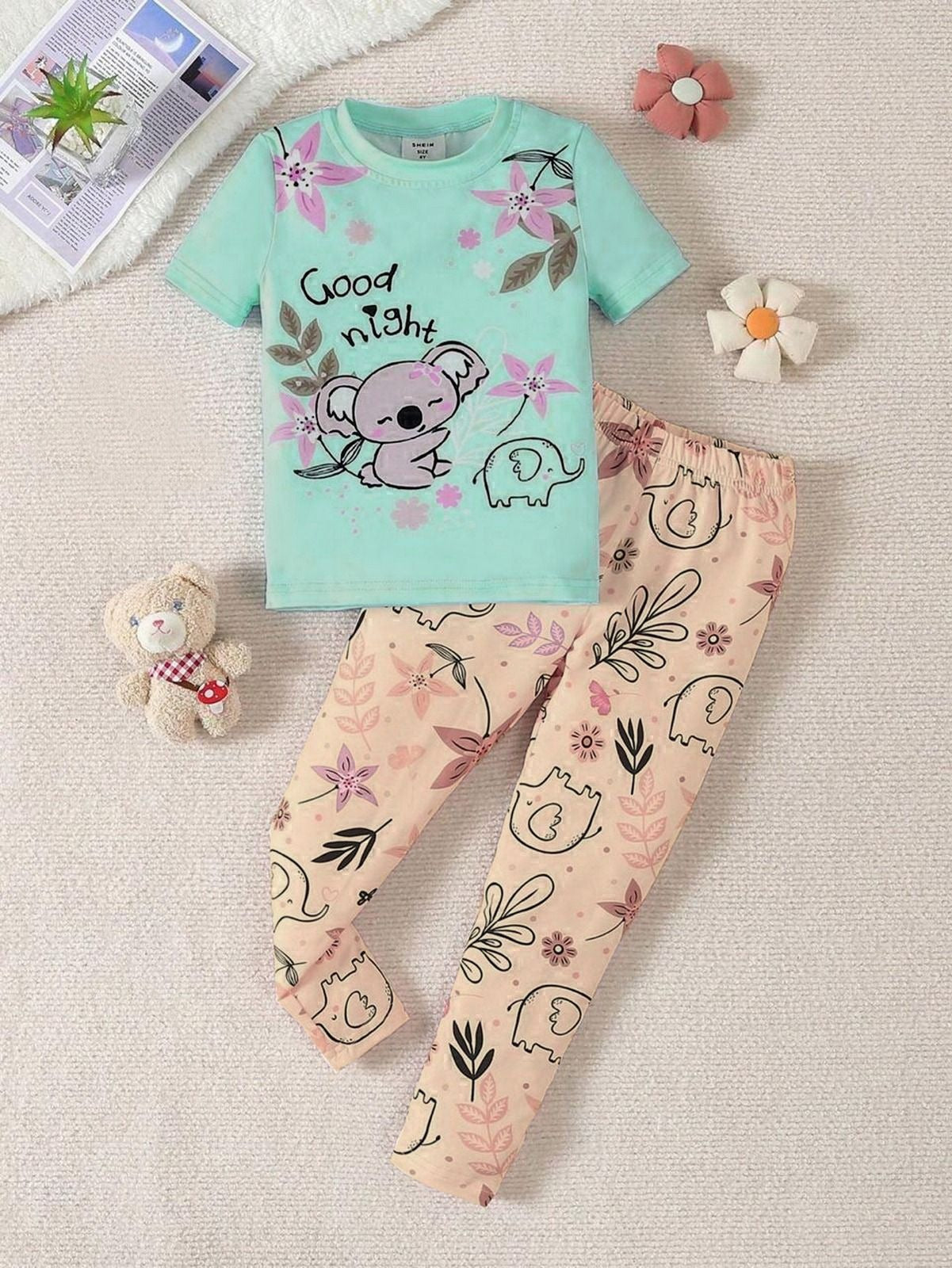 Green Good Night Floral Bear Printed Half Sleeves Tshirt with Floral Printed Trouser The Ultimate Kids Sleep Suit