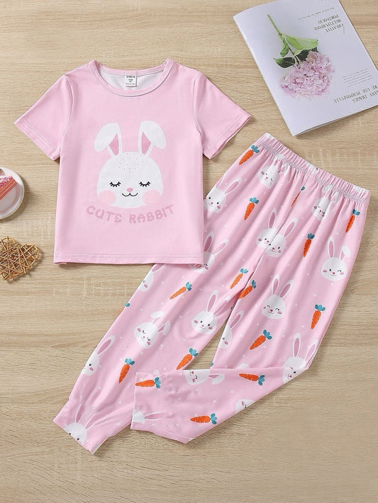 Baby Pink Cute Rabbit Printed Half Sleeves T-shirt with Rabbit Printed Pajama Kids Suits