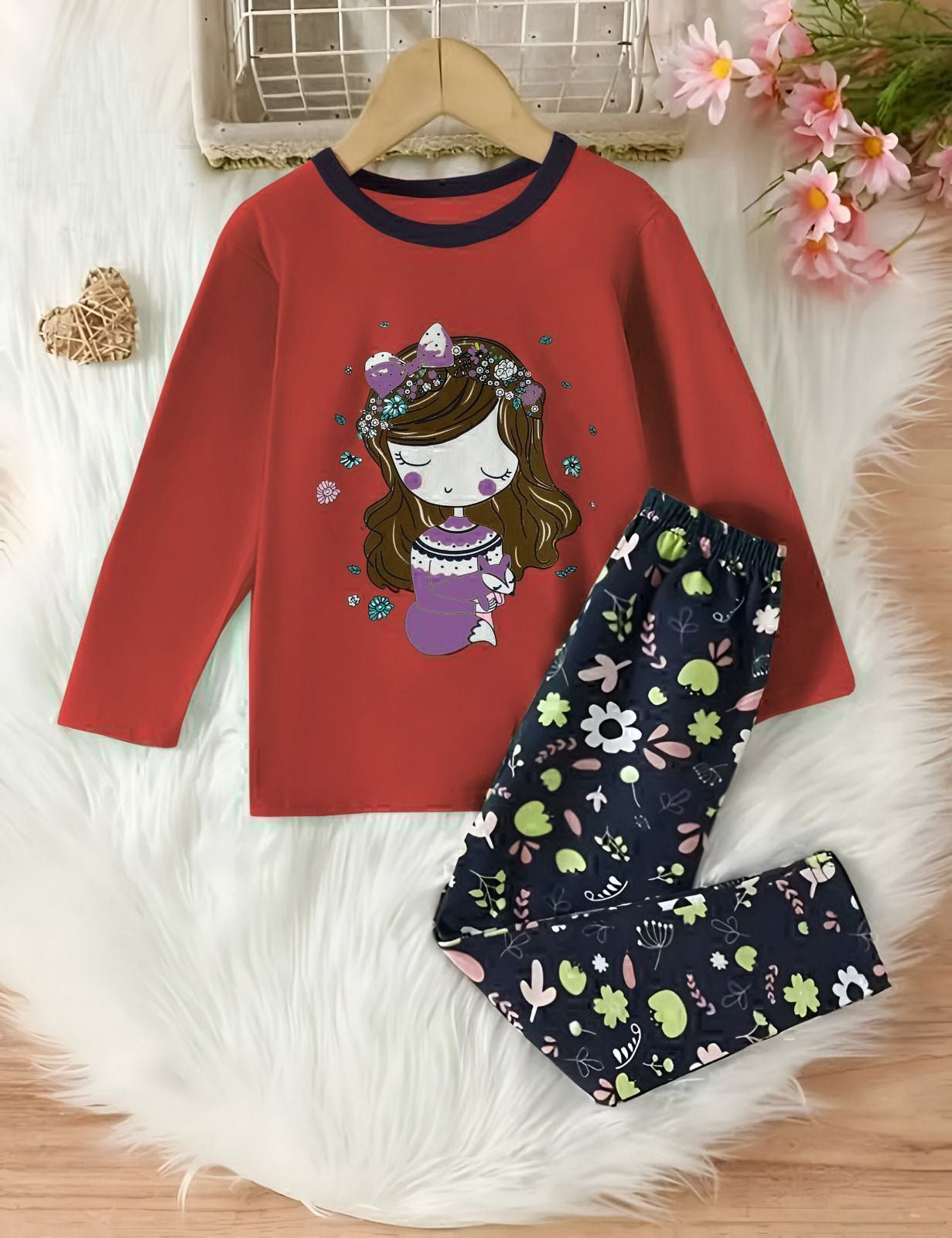 Red Barbie Girl Printed Full Sleeves T-shirt with Flower Printed Pajama Kids Suits