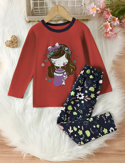 Red Barbie Girl Printed Full Sleeves T-shirt with Flower Printed Pajama Kids Suits