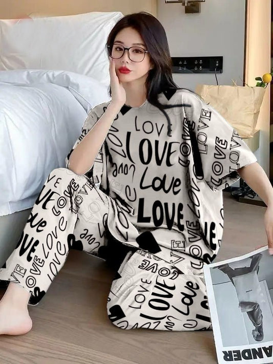 Off White All Over Love Heart Printed Night Suit