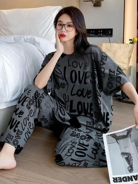 Grey All Over Love Heart Printed Night Suit