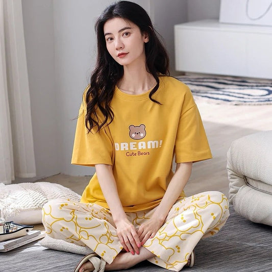 Yellow Little Bear Print Half Sleeves Printed Night Suit