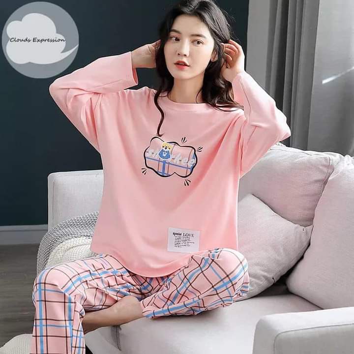 Pink Shirt with Off-White Trouser (Full Sleeves Night Suit)