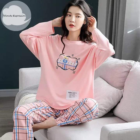 Pink Shirt with Off-White Trouser (Full Sleeves Night Suit)