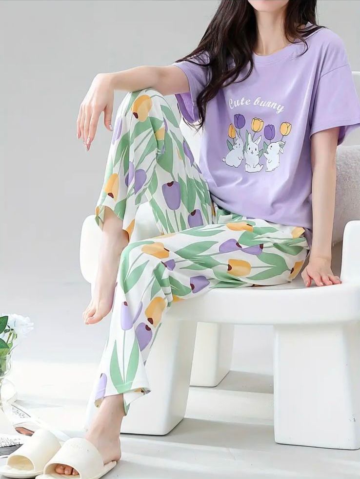 Purple Cute Bunny Printed Half Sleeves Shirt and Printed Trouser Night Wear