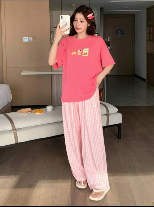 Hot Pink Juices Printed Half Sleeves Shirt and Printed Trouser Night Wear